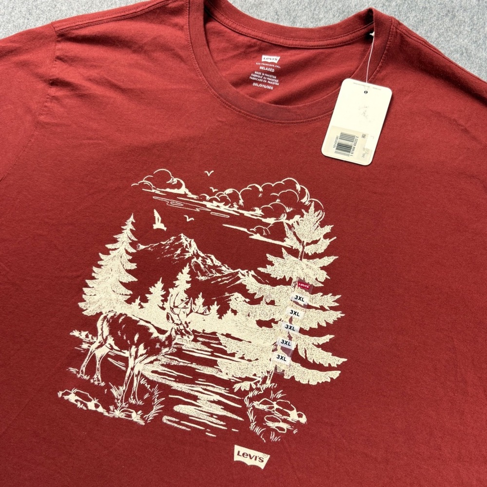 Levis Mens 3XL Relaxed Graphic Shirt Red Wilderness Deer Mountain Cotton Camping
